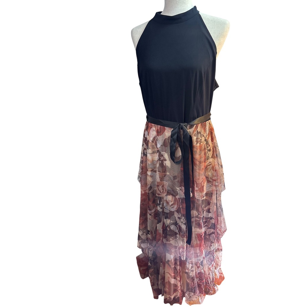 Lovely Grace Halter Neck Tiered Floral Glitter Mesh Midi Dress Black XL NEW